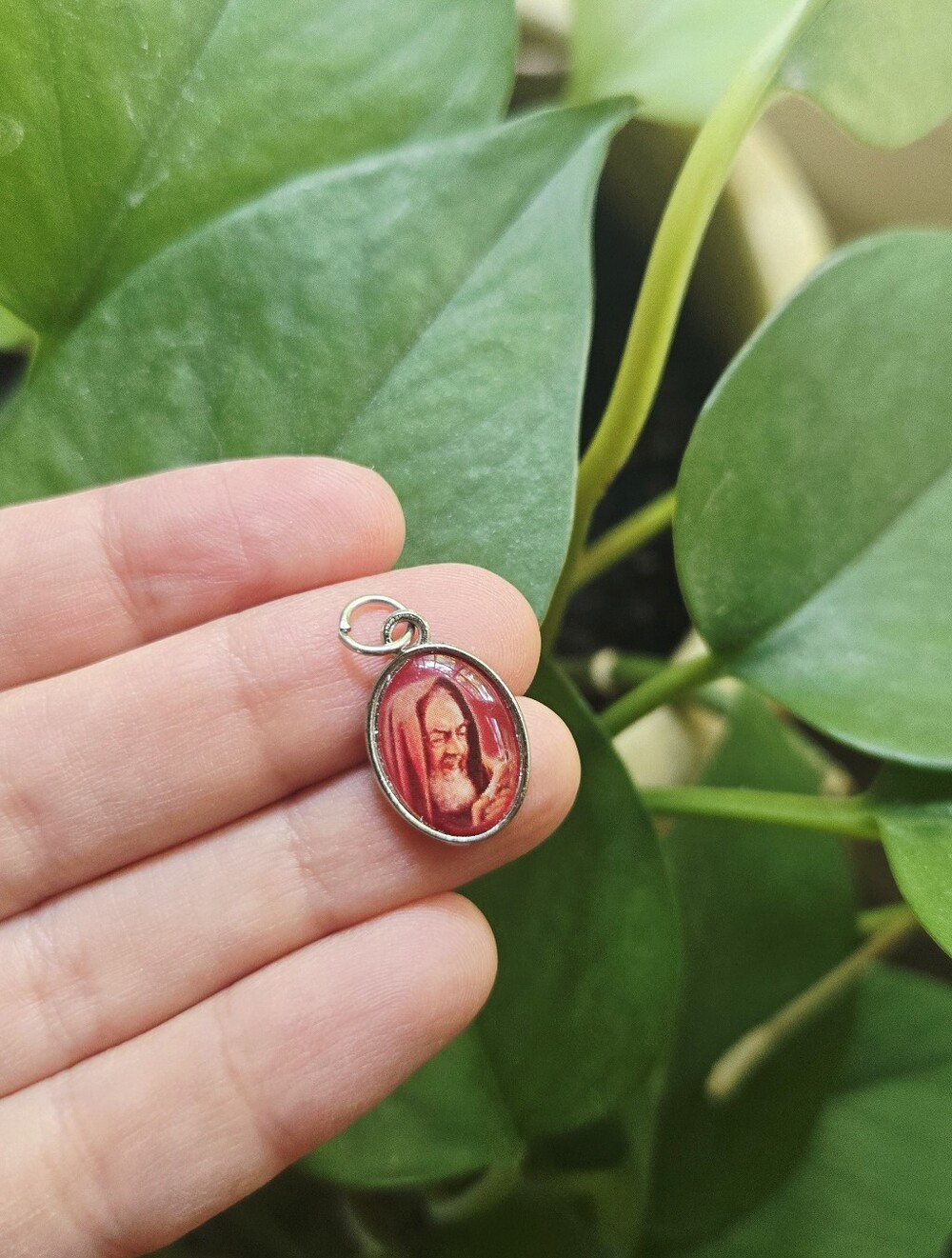 Vintage Religious Saint Charm – Red Oval Christian Faith Charm